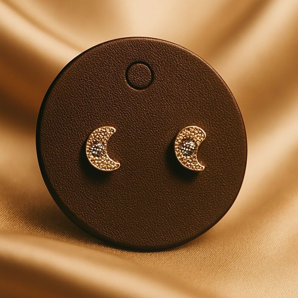 Minimalist Gold Crescent Stud Earrings w/ Sparkle Stones – Dainty Women’ Jewelry